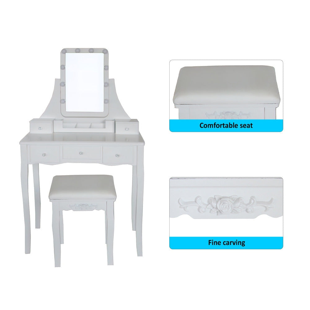 32 Inch 2 Piece Vanity Desk Set with LED Lights 5 Drawers Cushioned Stool White Solid Wood By The Urban Port UPT-272881