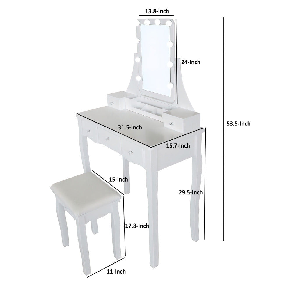 32 Inch 2 Piece Vanity Desk Set with LED Lights 5 Drawers Cushioned Stool White Solid Wood By The Urban Port UPT-272881