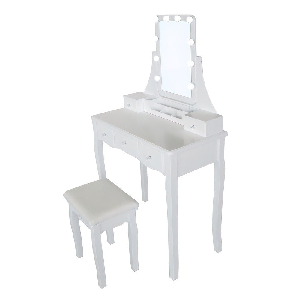 32 Inch 2 Piece Vanity Desk Set with LED Lights 5 Drawers Cushioned Stool White Solid Wood By The Urban Port UPT-272881