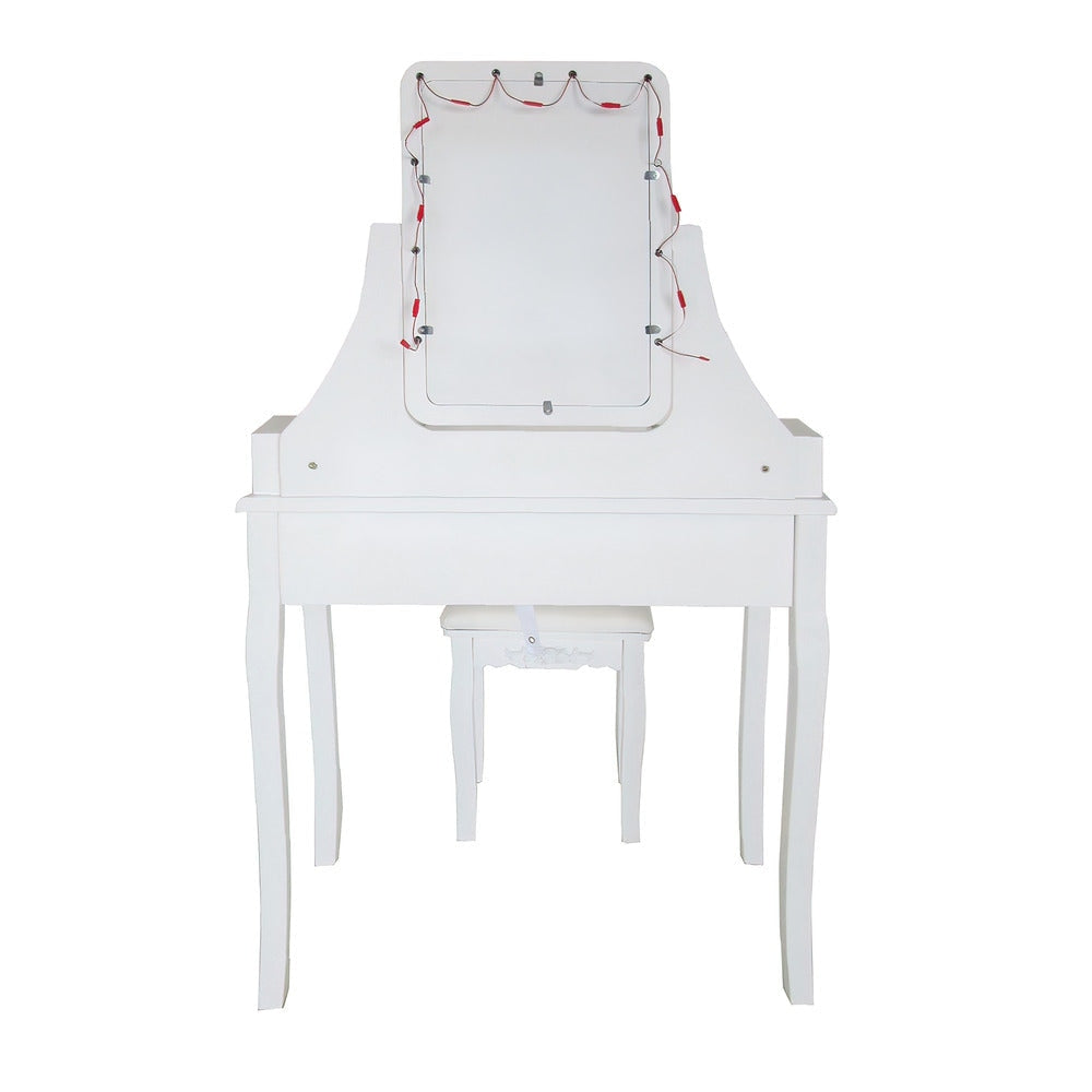 32 Inch 2 Piece Vanity Desk Set with LED Lights 5 Drawers Cushioned Stool White Solid Wood By The Urban Port UPT-272881