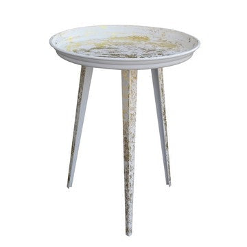 20 Inch Artisanal Industrial Round Tray Top Iron Side End Table Tripod Base Distressed White Gold By The Urban Port UPT-272887