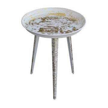 20 Inch Artisanal Industrial Round Tray Top Iron Side End Table Tripod Base Distressed White Gold By The Urban Port UPT-272887