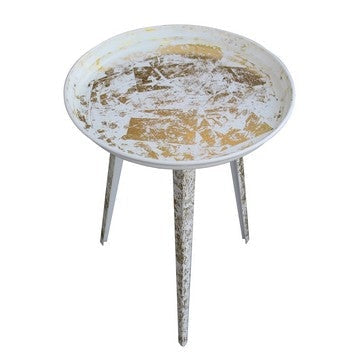 20 Inch Artisanal Industrial Round Tray Top Iron Side End Table Tripod Base Distressed White Gold By The Urban Port UPT-272887