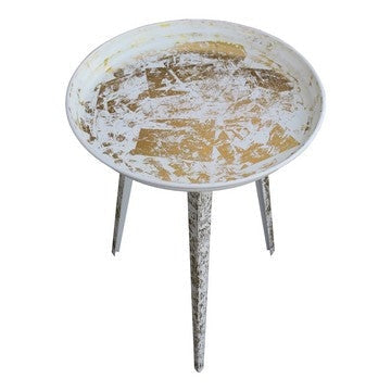 20 Inch Artisanal Industrial Round Tray Top Iron Side End Table Tripod Base Distressed White Gold By The Urban Port UPT-272887