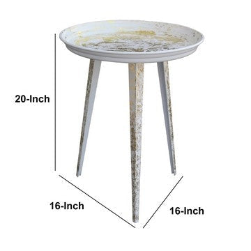 20 Inch Artisanal Industrial Round Tray Top Iron Side End Table Tripod Base Distressed White Gold By The Urban Port UPT-272887