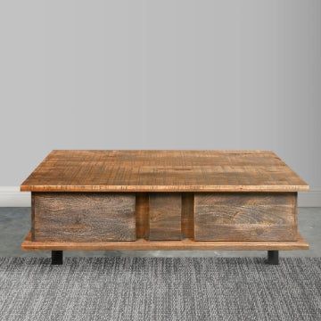 48 Inch Handcrafted Rectangular Coffee Table with 2 Drawers Black Iron Sled Base Rustic Natural Brown - UPT-272888 UPT-272888