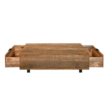 48 Inch Handcrafted Rectangular Coffee Table with 2 Drawers Black Iron Sled Base Rustic Natural Brown - UPT-272888 UPT-272888