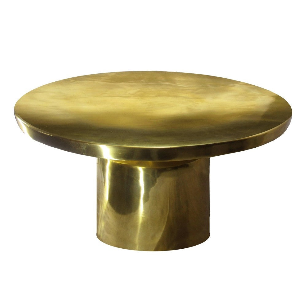 Zoe 30 Inch Modern Classic Round Metal Coffee Table with Pedestal Base Glossy Gold Brass By The Urban Port UPT-272897