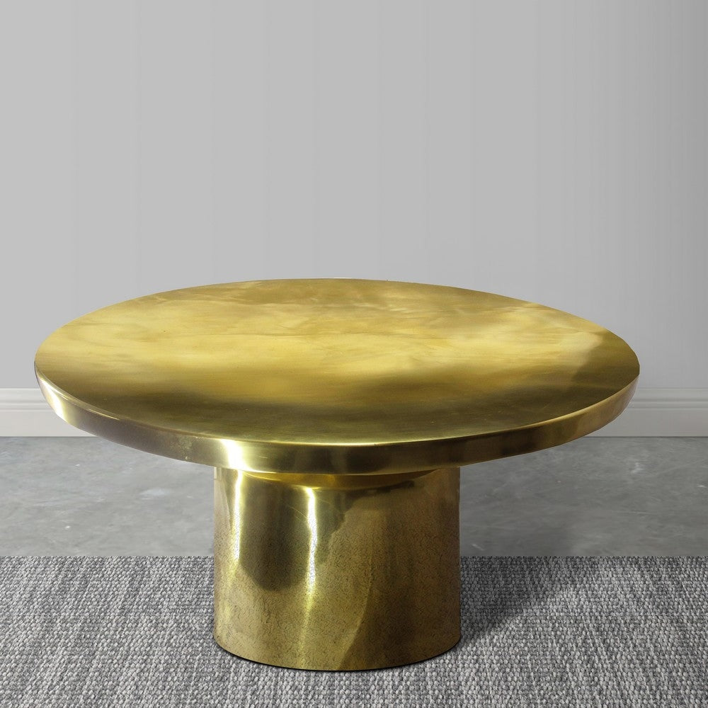 Zoe 30 Inch Modern Classic Round Metal Coffee Table with Pedestal Base Glossy Gold Brass By The Urban Port UPT-272897