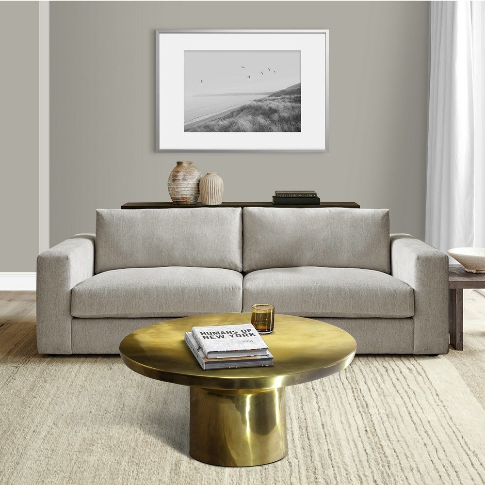 Zoe 30 Inch Modern Classic Round Metal Coffee Table with Pedestal Base Glossy Gold Brass By The Urban Port UPT-272897