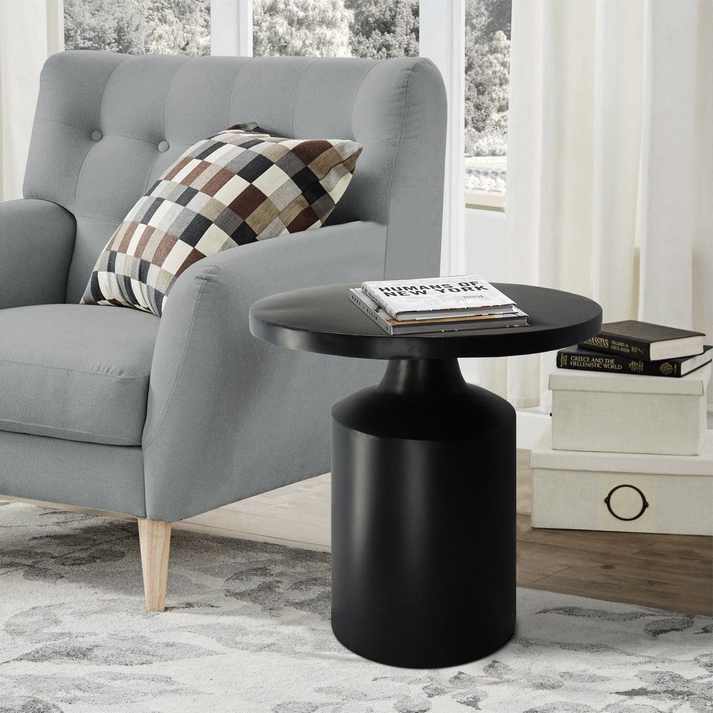 Zoe 20 Inch Modern Round Iron Side Table with Pedestal Base, Matte Black By The Urban Port