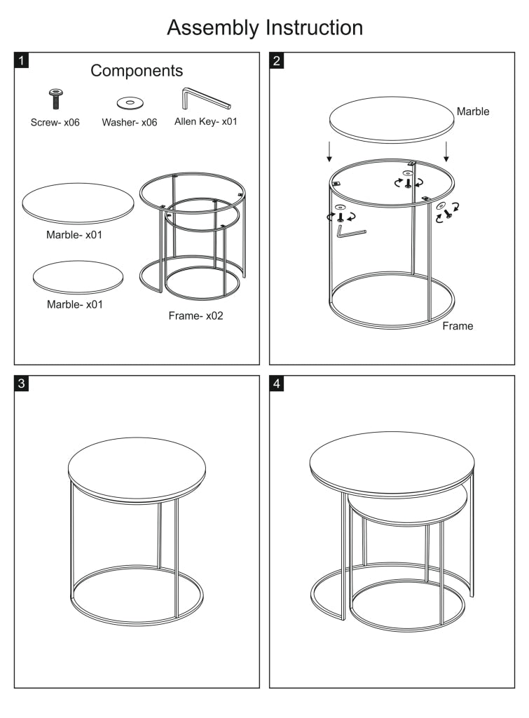 21 18 Inch Transitional Style Round Marble Top Nesting End Table Set of 2 Metal Frame White Brass By The Urban Port UPT-272902