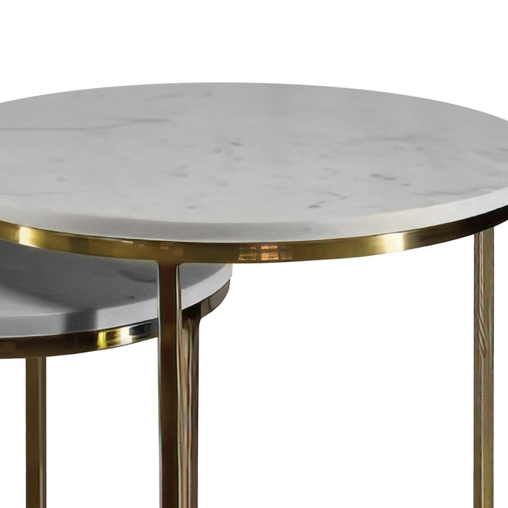 21 18 Inch Transitional Style Round Marble Top Nesting End Table Set of 2 Metal Frame White Brass By The Urban Port UPT-272902