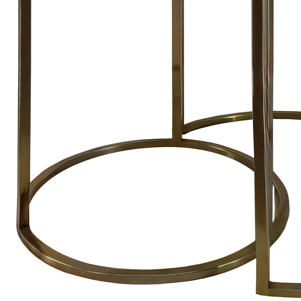 21 18 Inch Transitional Style Round Marble Top Nesting End Table Set of 2 Metal Frame White Brass By The Urban Port UPT-272902