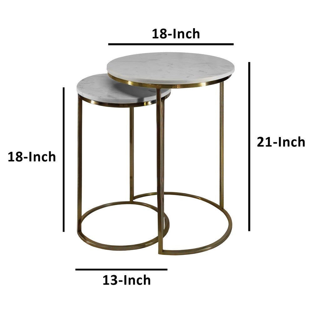 21 18 Inch Transitional Style Round Marble Top Nesting End Table Set of 2 Metal Frame White Brass By The Urban Port UPT-272902