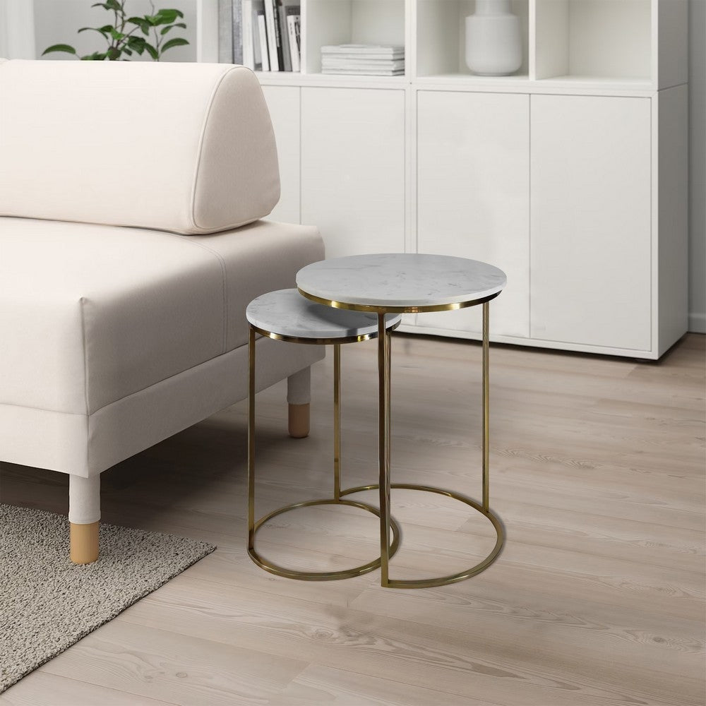 21 18 Inch Transitional Style Round Marble Top Nesting End Table Set of 2 Metal Frame White Brass By The Urban Port UPT-272902