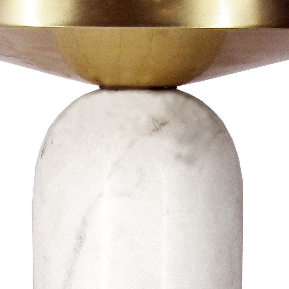 17 Inch Round Brass Modern Accent End Table with Cylindrical Marble Base Brass White By The Urban Port UPT-272904