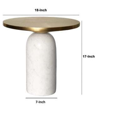 17 Inch Round Brass Modern Accent End Table with Cylindrical Marble Base Brass White By The Urban Port UPT-272904