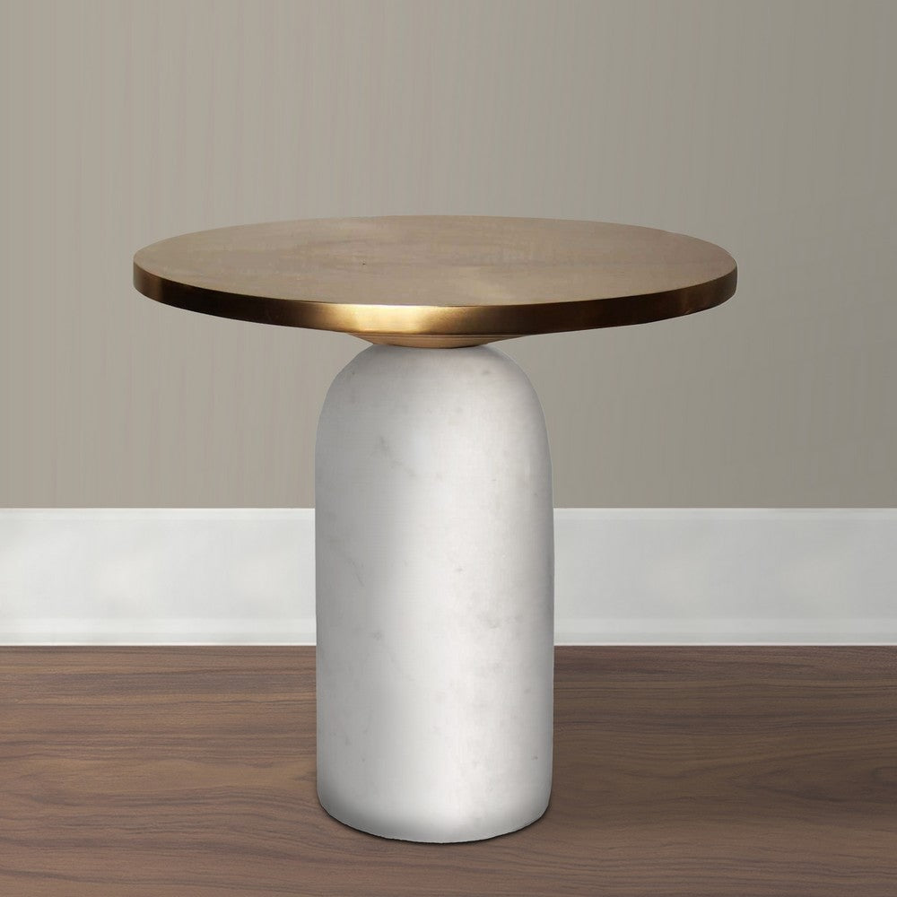 17 Inch Round Brass Modern Accent End Table with Cylindrical Marble Base Brass White By The Urban Port UPT-272904