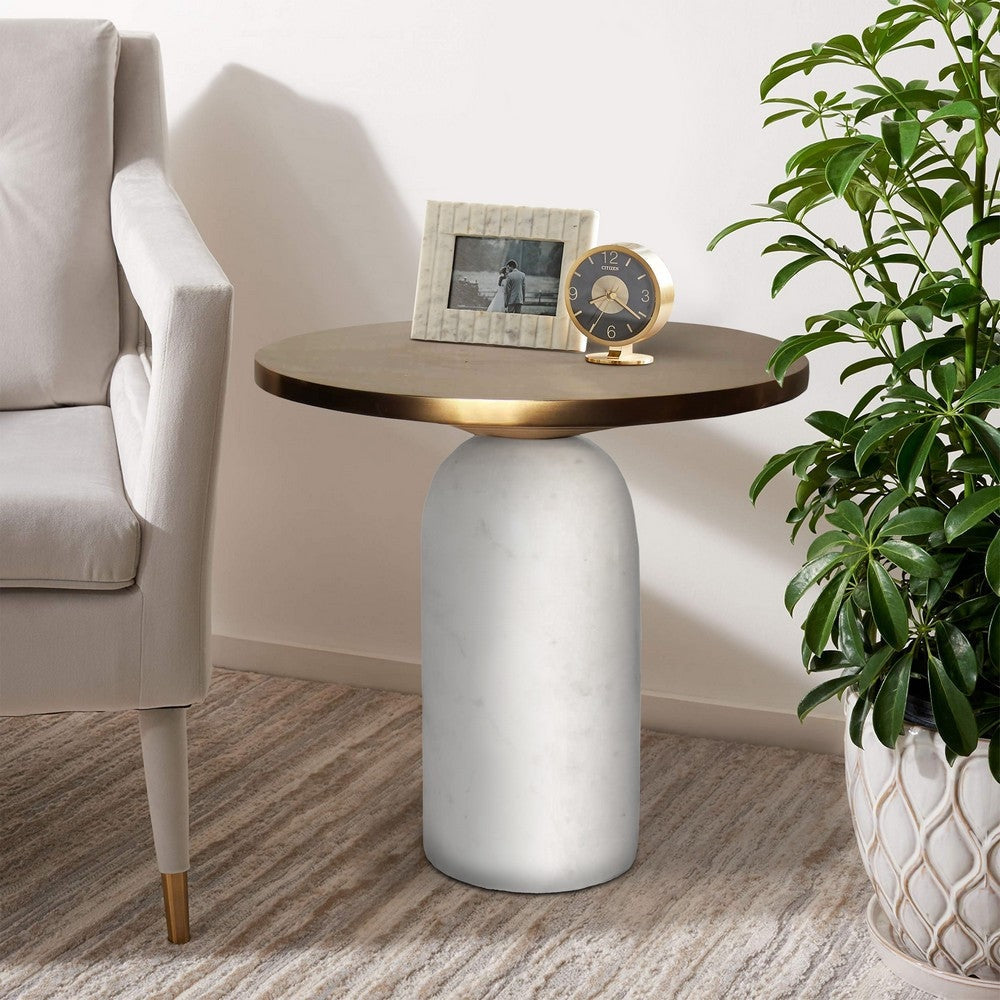 17 Inch Round Brass Modern Accent End Table with Cylindrical Marble Base Brass White By The Urban Port UPT-272904