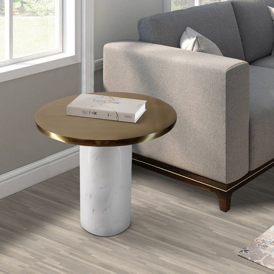 17 Inch Round Brass Modern Accent End Table with Cylindrical Marble Base, Brass, White By The Urban Port