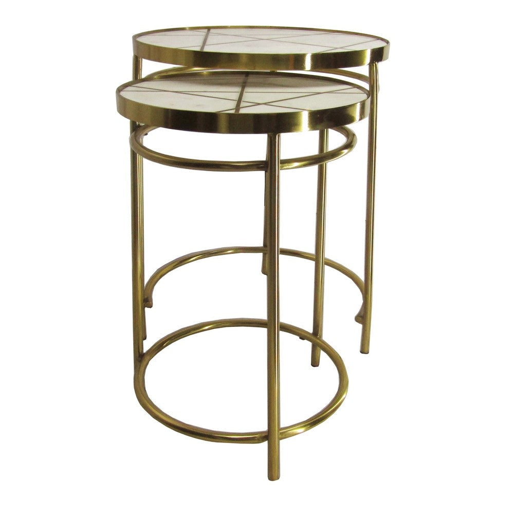 22 20 Inch Round 2 Piece Marble Top Nesting End Table Set with Metal Frame Brass Inlay White By The Urban Port UPT-272905