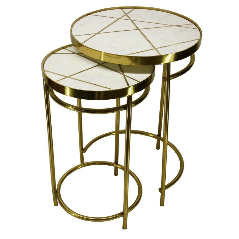 22 20 Inch Round 2 Piece Marble Top Nesting End Table Set with Metal Frame Brass Inlay White By The Urban Port UPT-272905