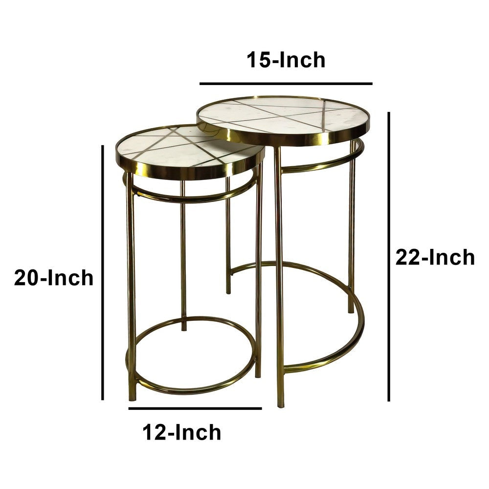 22 20 Inch Round 2 Piece Marble Top Nesting End Table Set with Metal Frame Brass Inlay White By The Urban Port UPT-272905