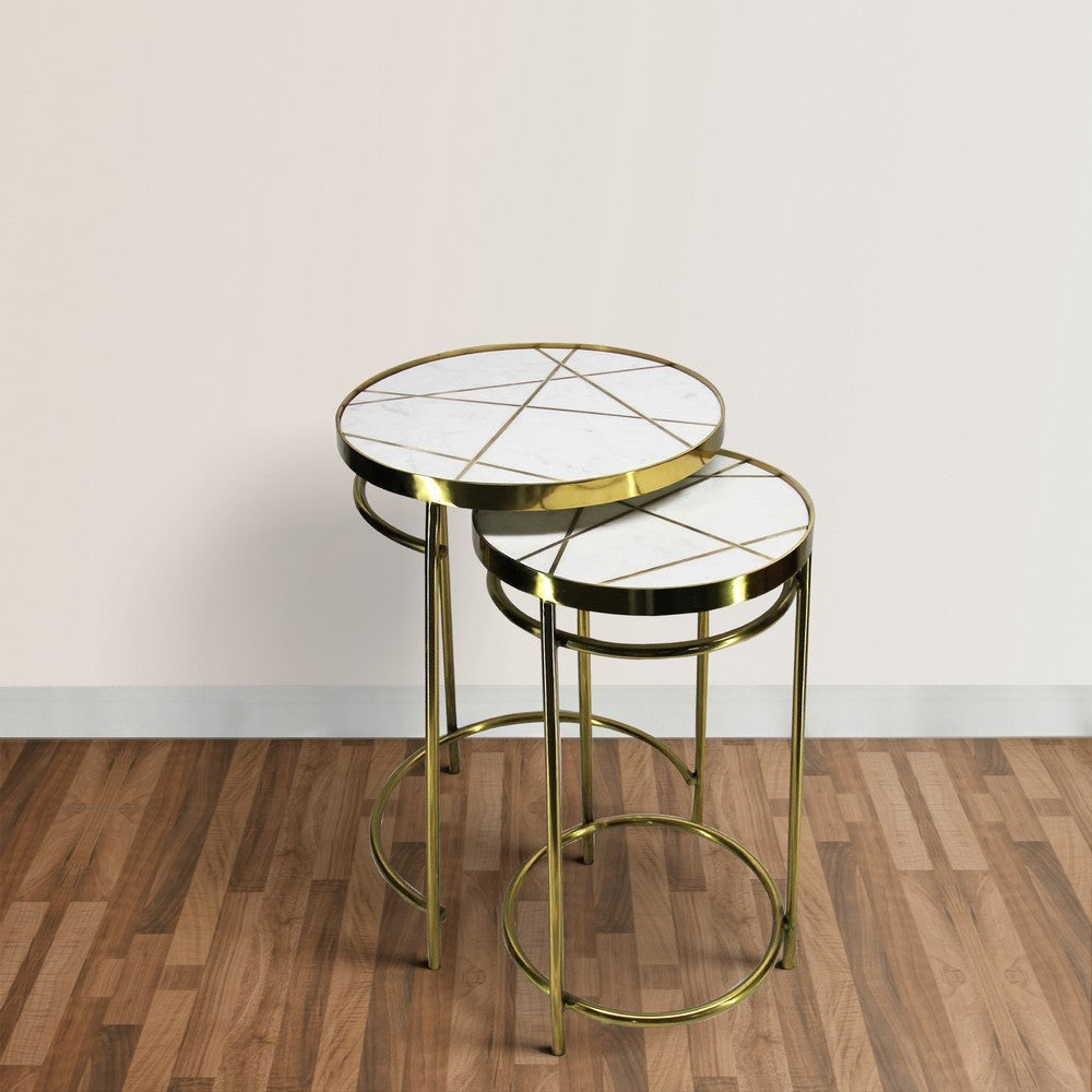 22 20 Inch Round 2 Piece Marble Top Nesting End Table Set with Metal Frame Brass Inlay White By The Urban Port UPT-272905