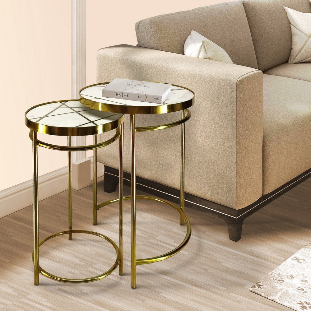 22, 20 Inch Round 2 Piece Marble Top Nesting End Table Set with Metal Frame, Brass Inlay, White By The Urban Port