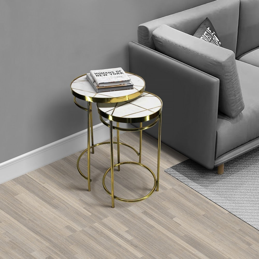 22 20 Inch Round 2 Piece Marble Top Nesting End Table Set with Metal Frame Brass Inlay White By The Urban Port UPT-272905