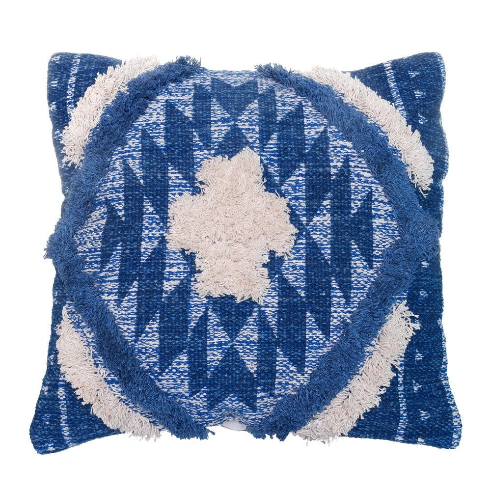 18 X 18 Handcrafted Shaggy Soft Cotton Accent Throw Pillow Southwest Aztec Pattern Blue and White By The Urban Port UPT-273452