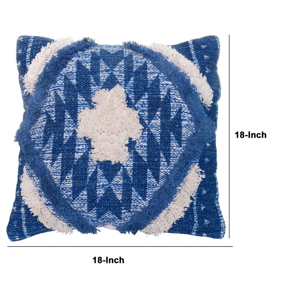 18 X 18 Handcrafted Shaggy Soft Cotton Accent Throw Pillow Southwest Aztec Pattern Blue and White By The Urban Port UPT-273452