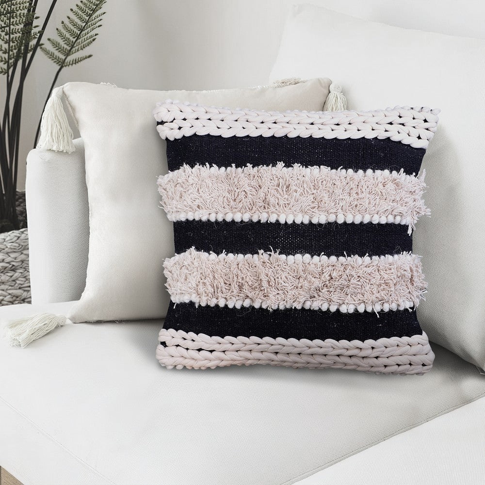 Adiv 18 x 18 Handcrafted Soft Shaggy Cotton Accent Throw Pillow Handknit Yarn White Black By The Urban Port UPT-273458