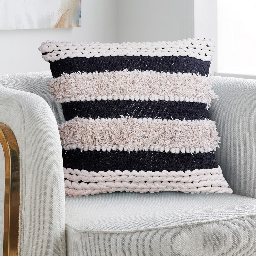 Adiv 18 x 18 Handcrafted Soft Shaggy Cotton Accent Throw Pillow Handknit Yarn White Black By The Urban Port UPT-273458