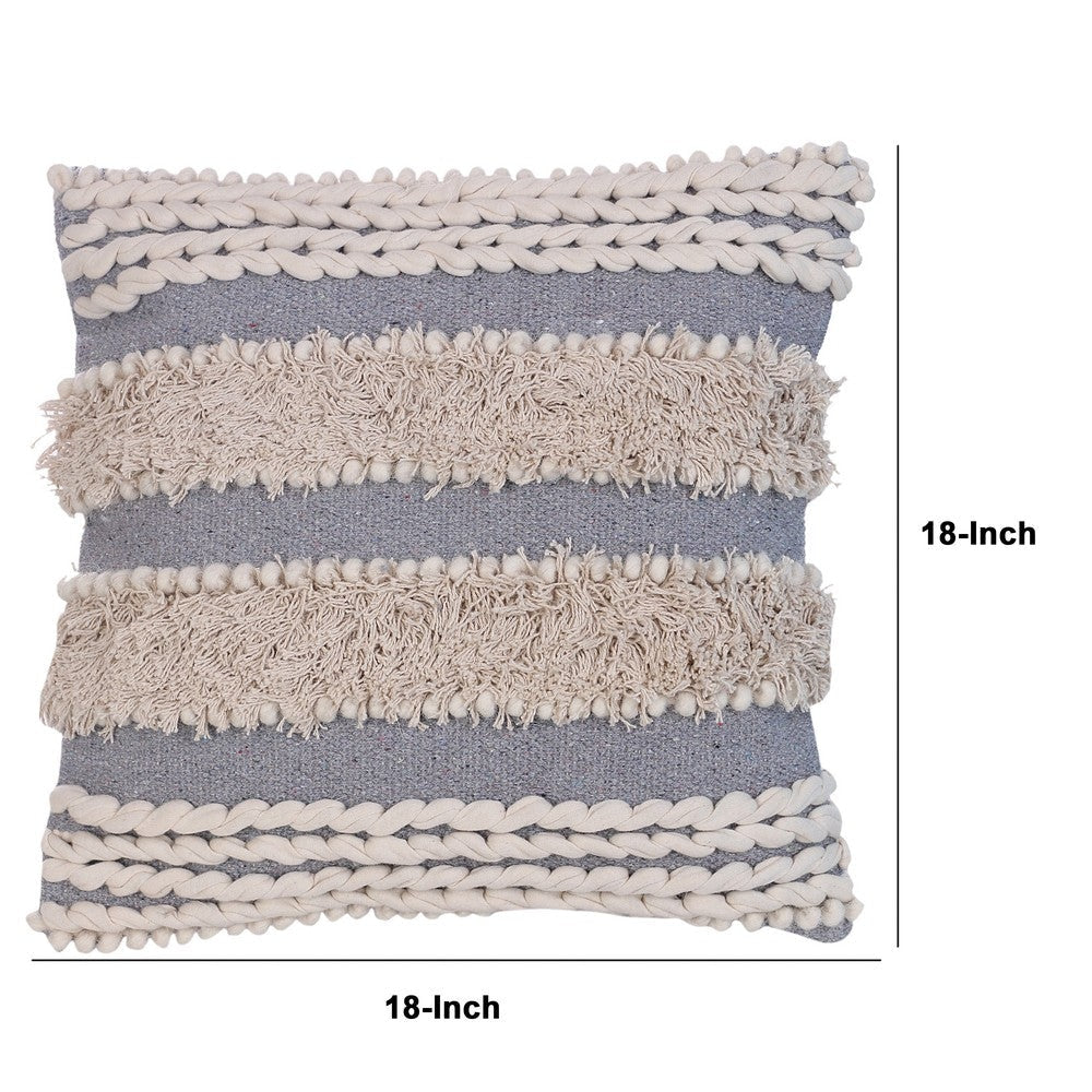 Adiv 18 x 18 Handcrafted Soft Shaggy Cotton Accent Throw Pillow Woven Yarn Beige Gray By The Urban Port UPT-273459