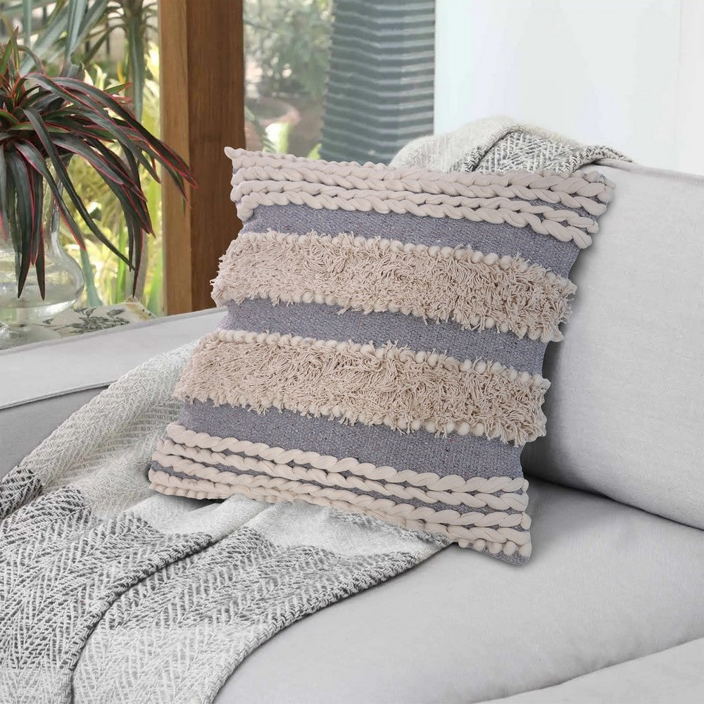 Adiv 18 x 18 Handcrafted Soft Shaggy Cotton Accent Throw Pillow Woven Yarn Beige Gray By The Urban Port UPT-273459