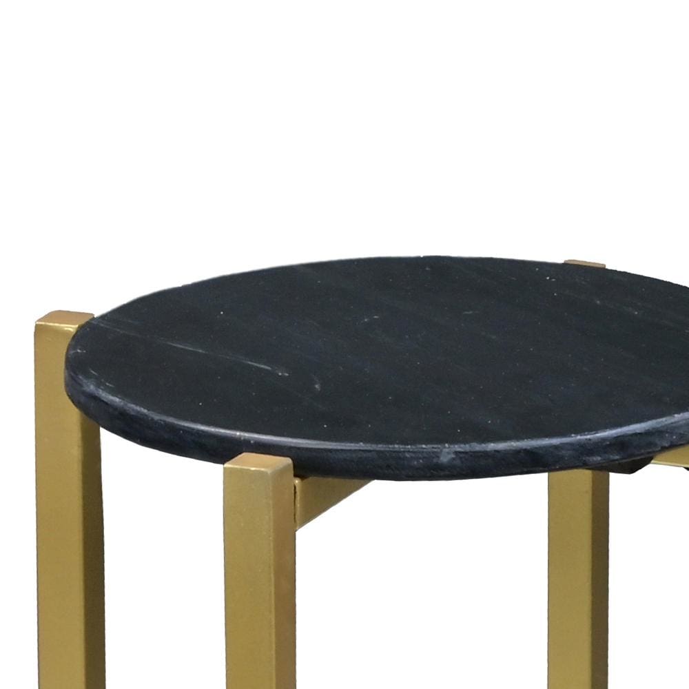 Ivy 24.5 Inch Marble Top Accent Round Side Table with Metal Frame Black and Gold By The Urban Port UPT-273473