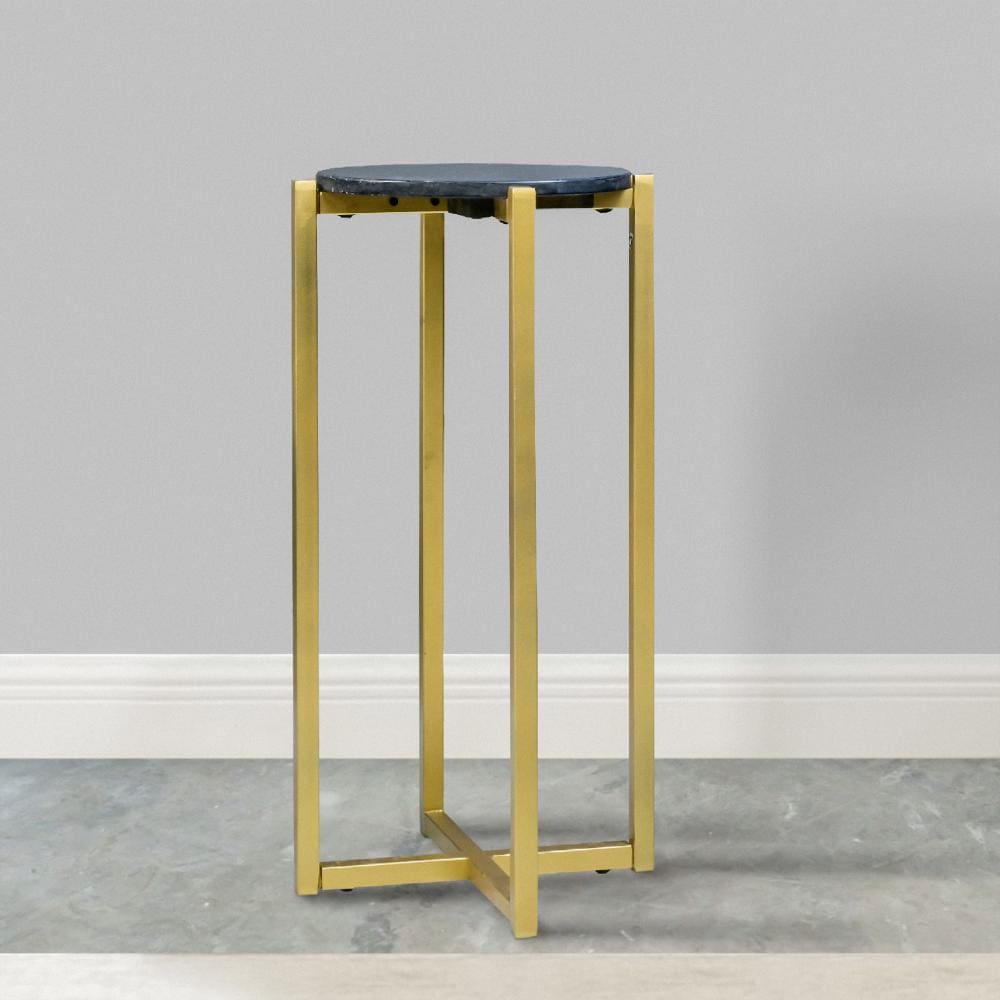 Ivy 24.5 Inch Marble Top Accent Round Side Table with Metal Frame Black and Gold By The Urban Port UPT-273473