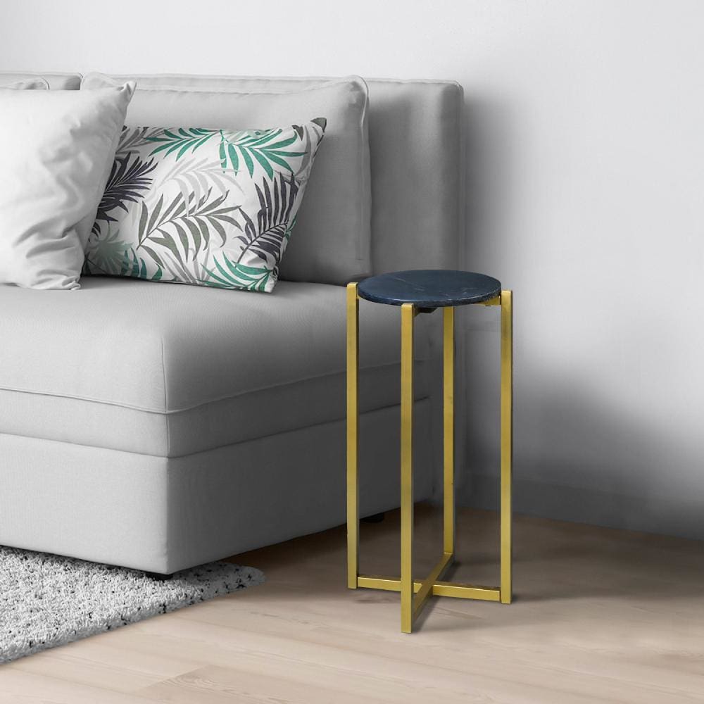 Ivy 24.5 Inch Marble Top Accent Round Side Table with Metal Frame Black and Gold By The Urban Port UPT-273473