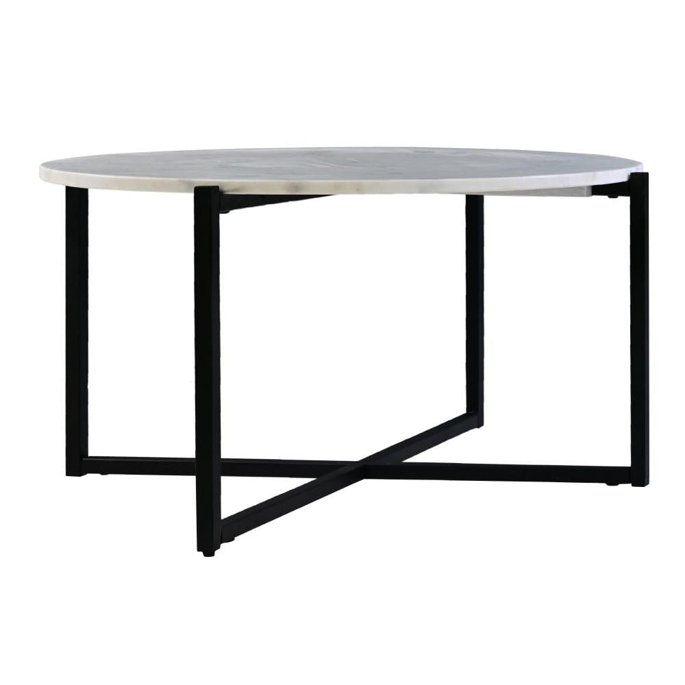 Ivy 30 Inch Marble Top Round Coffee Table with Metal Frame White and Black By The Urban Port UPT-273474