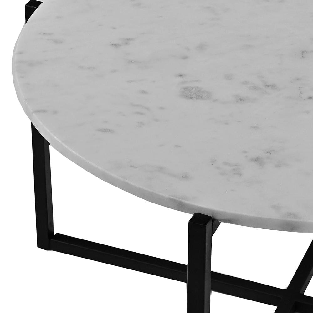 Ivy 30 Inch Marble Top Round Coffee Table with Metal Frame White and Black By The Urban Port UPT-273474