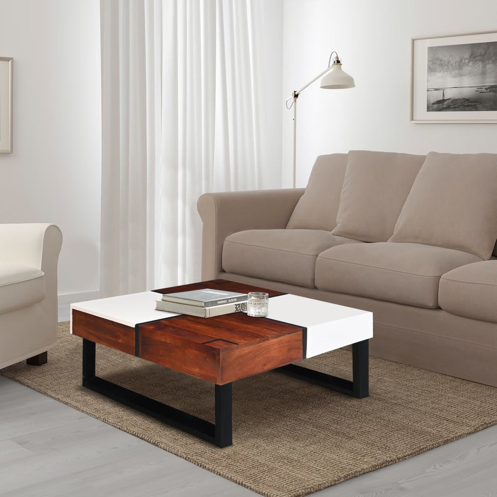 Byron 35 Inch Acacia Wood Square Coffee Table 2 Slide Out Storage White Mahogany Brown By The Urban Port UPT-273477