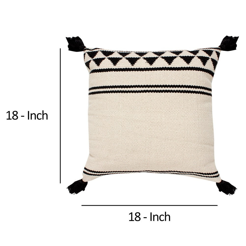 18 x 18 Square Cotton Accent Throw Pillow with Simple Striped Pattern and Tassels White and Black By The Urban Port UPT-273486