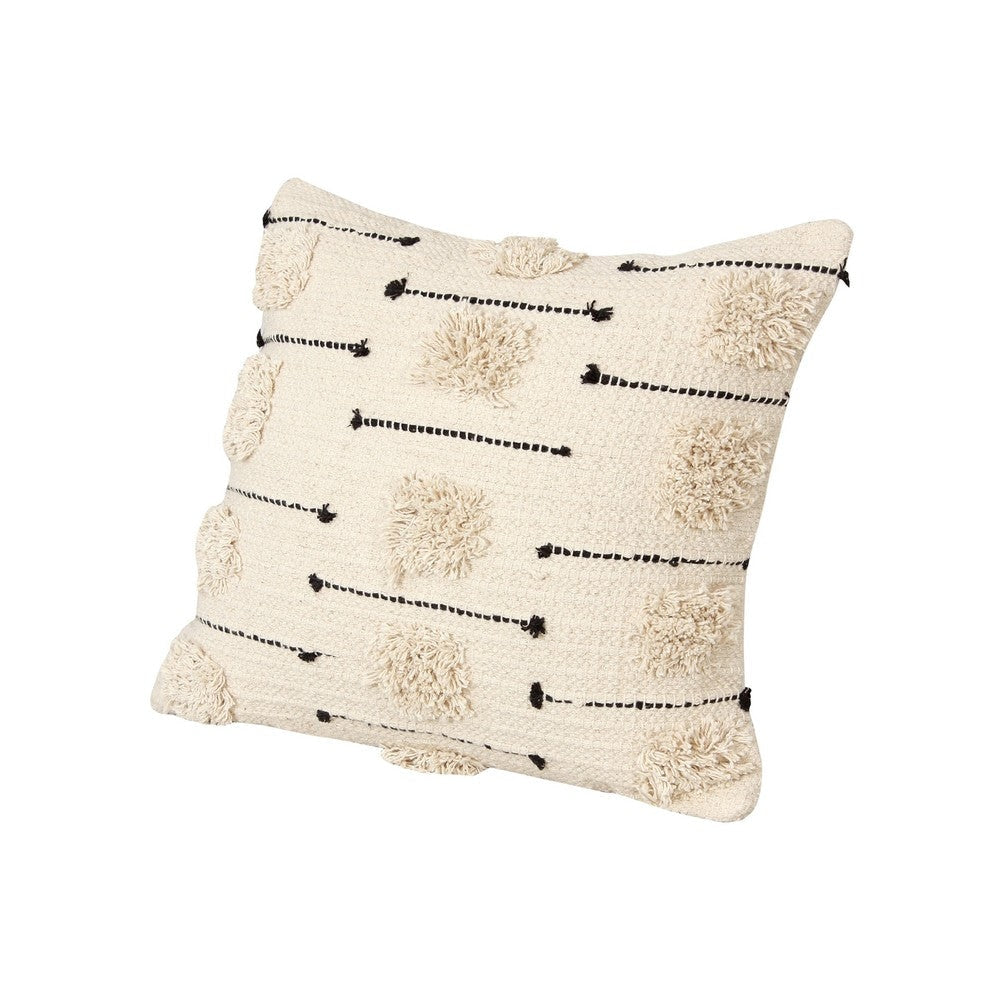 18 x 18 Square Cotton Accent Throw Pillow, Trimmed Shaggy Fringe Accents, Beige, Black By The Urban Port