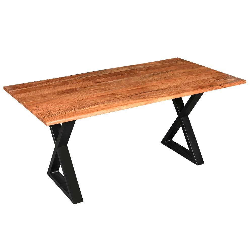 67 Inch Rectangular Dining Table with Crossed Black Metal Legs and Natural Brown Faux Live Edge Acacia Wood Top By The Urban Port UPT-273760