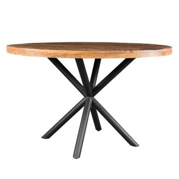 48 Inch Handcrafted Dining Table Solid Mango Wood Round Top with Iron Crisscrossed Legs Natural Brown and Black By The Urban Port UPT-273762