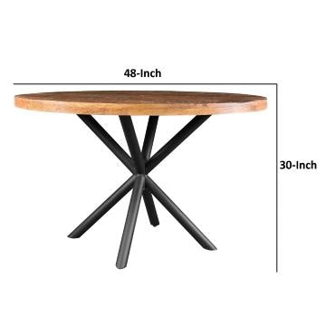 48 Inch Handcrafted Dining Table Solid Mango Wood Round Top with Iron Crisscrossed Legs Natural Brown and Black By The Urban Port UPT-273762