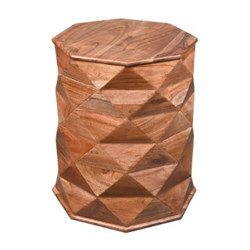 23 Inch Handcrafted Drum Side Accent Table with a Multifaceted Diamond Cut Design Natural Brown Acacia Wood - UPT-274766 UPT-274766