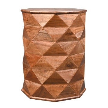 23 Inch Handcrafted Drum Side Accent Table with a Multifaceted Diamond Cut Design Natural Brown Acacia Wood - UPT-274766 UPT-274766